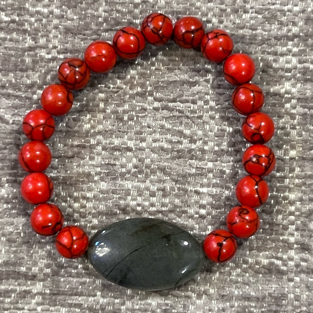 Handmade Natural Red Turquoise & Labradorite Stone Beaded Bracelet, Size 7”